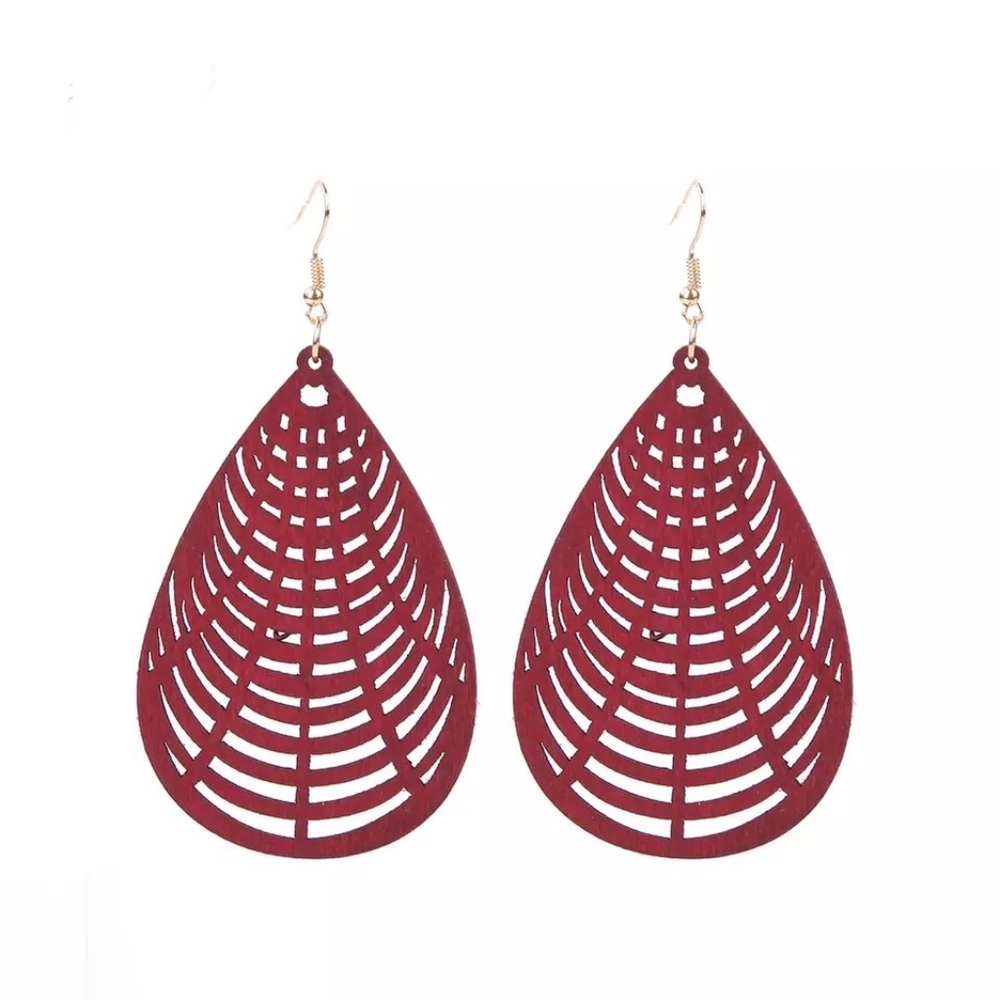 NEW African Wooden Water Drop Earrings- Red